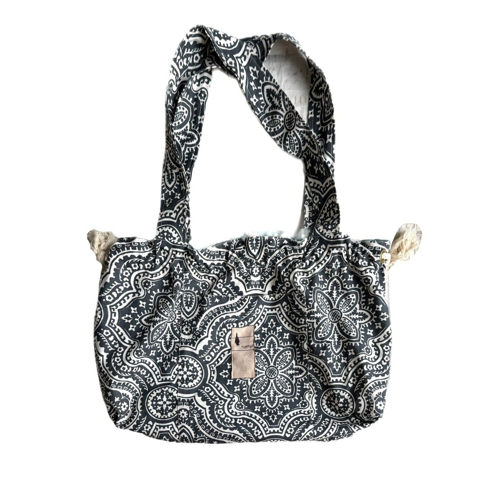 Flipped bird Reversible Gray & White Paisley Tote Bag, Aqua Lining, Drawstring